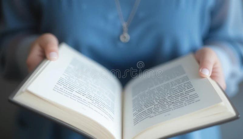 Osoba w niebieskiej koszuli trzyma otwartą książkę i czyta